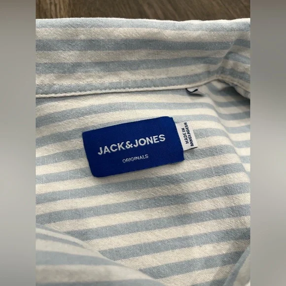 Jack&Jones Men's Button Up Striped Short Sleeve Shirt - Blue - Picture 3 of 9